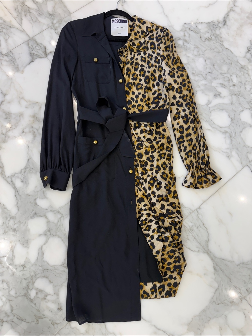 Moschino Black & Leopard-Print Contrast Trench Coat